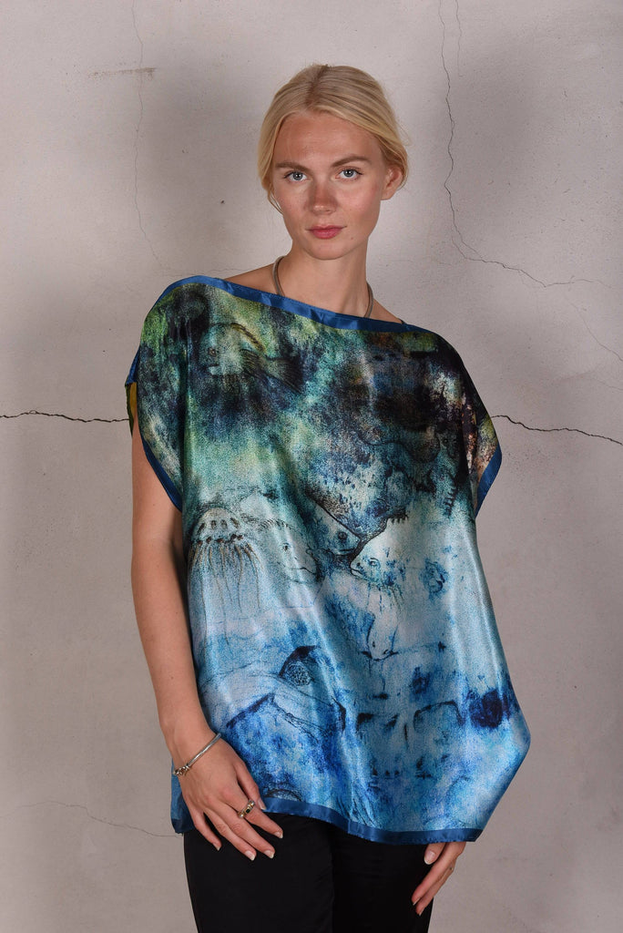 Blouse "Bøje Barker" silk painting (Blue & Green) - Tone Barker Silk