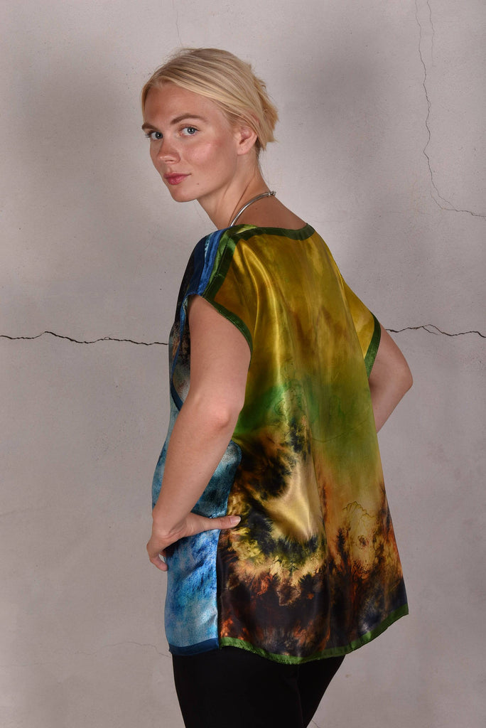 Blouse "Bøje Barker" silk painting (Blue & Green) - Tone Barker Silk