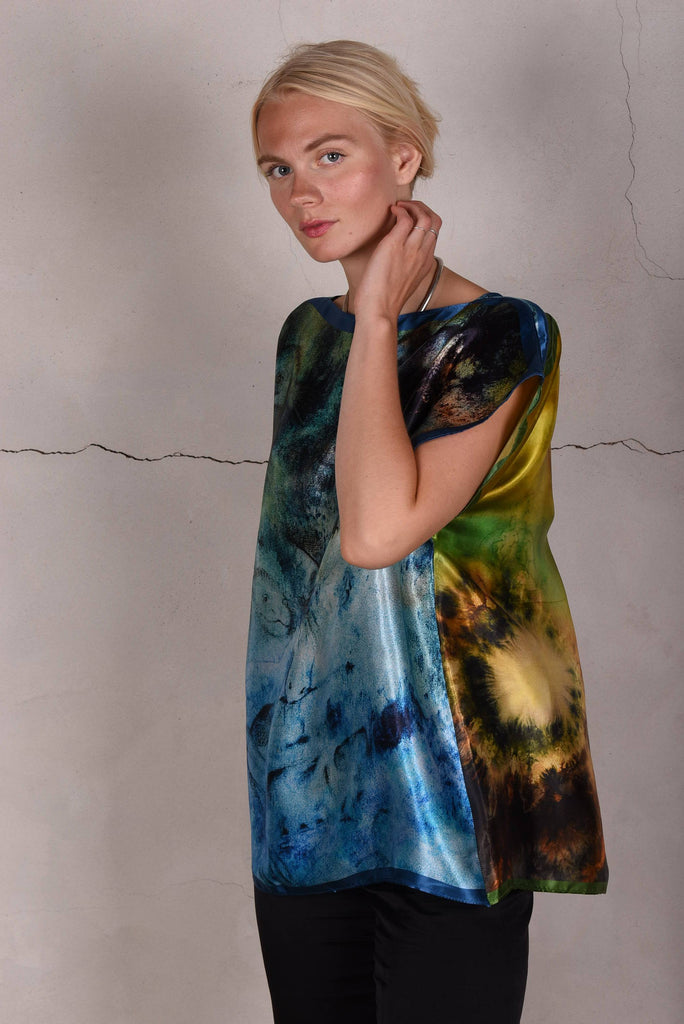 Blouse "Bøje Barker" silk painting (Blue & Green) - Tone Barker Silk