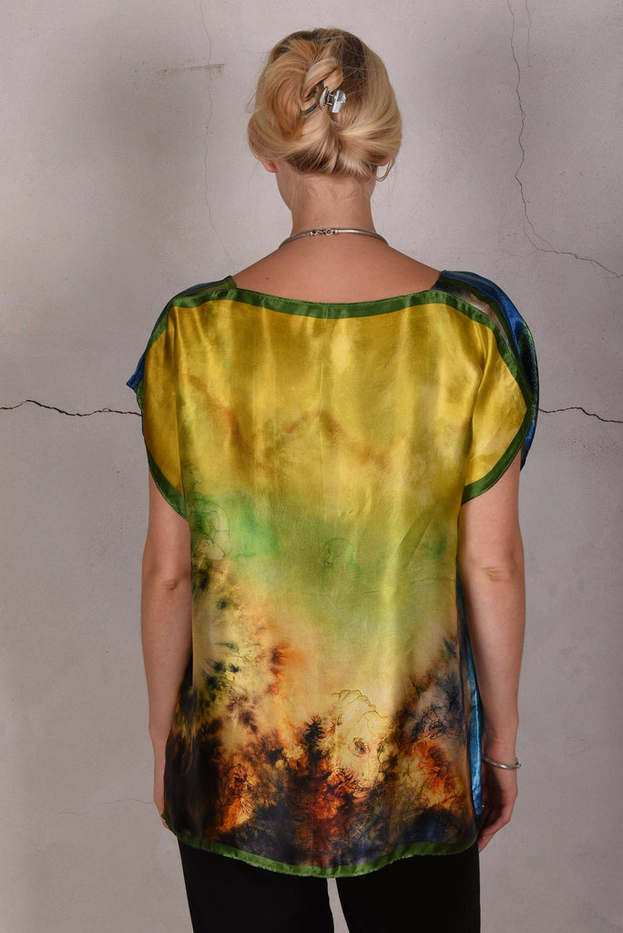 Blouse "Bøje Barker" silk painting (Blue & Green) - Tone Barker Silk