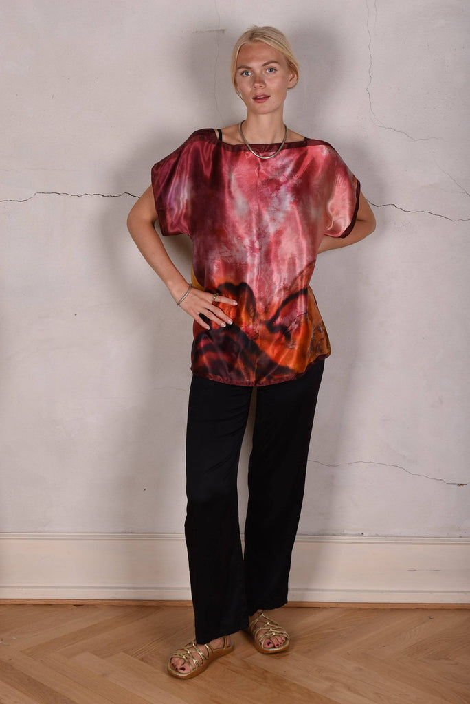 Blouse "Bøje Barker" silk painting (Burgundy & Copper) - Tone Barker Silk