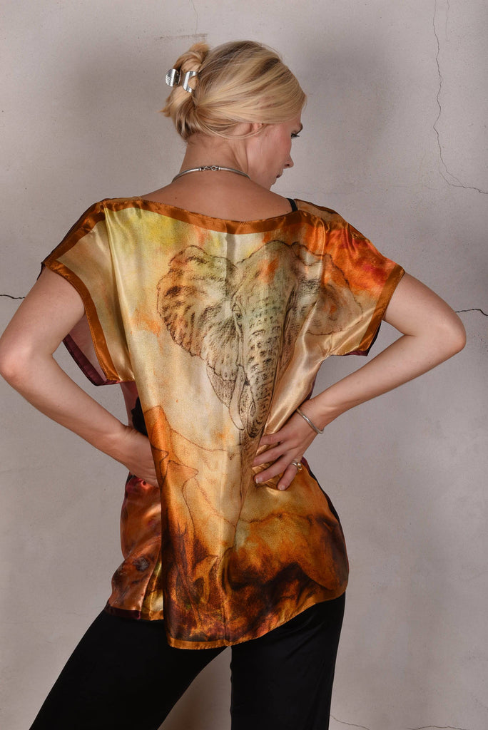 Blouse "Bøje Barker" silk painting (Burgundy & Copper) - Tone Barker Silk