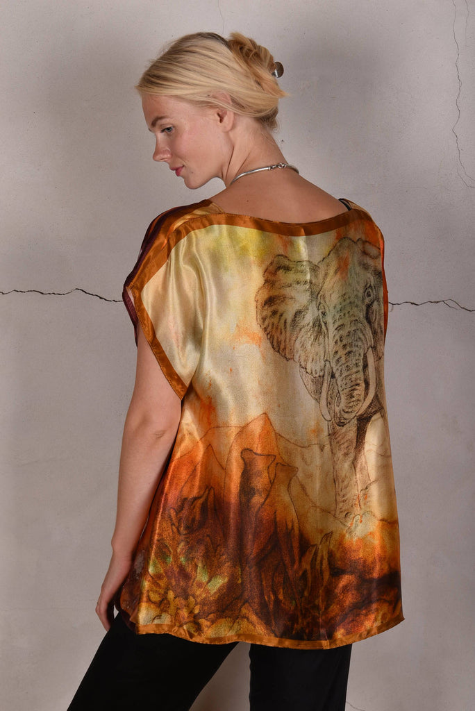 Blouse "Bøje Barker" silk painting (Burgundy & Copper) - Tone Barker Silk