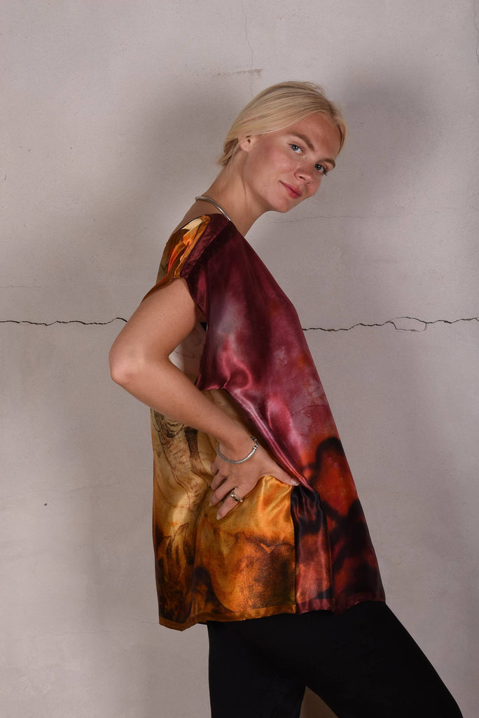 Blouse "Bøje Barker" silk painting (Burgundy & Copper) - Tone Barker Silk