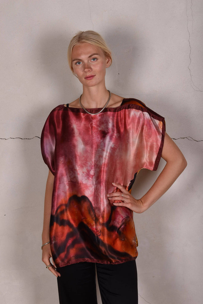 Blouse "Bøje Barker" silk painting (Burgundy & Copper) - Tone Barker Silk