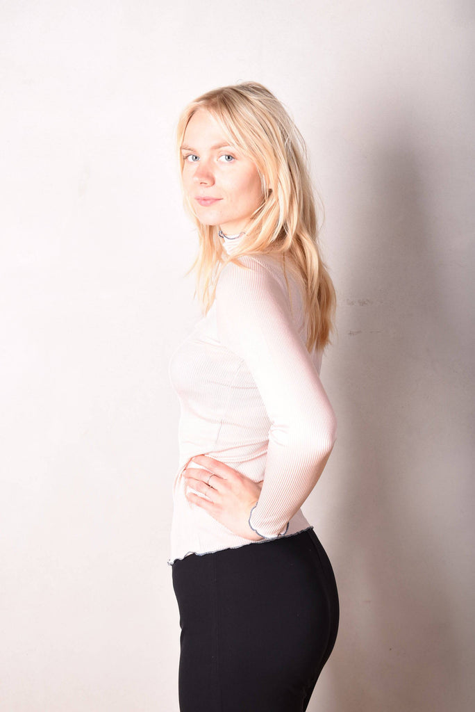 Rollie. Turtle neck top in 100% silk rib. Baby Pink - Tone Barker Silk