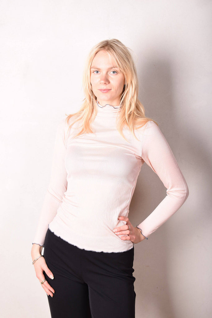 Rollie. Turtle neck top in 100% silk rib. Baby Pink - Tone Barker Silk