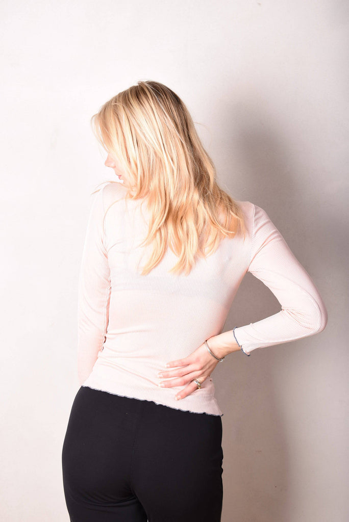 Rollie. Turtle neck top in 100% silk rib. Baby Pink - Tone Barker Silk