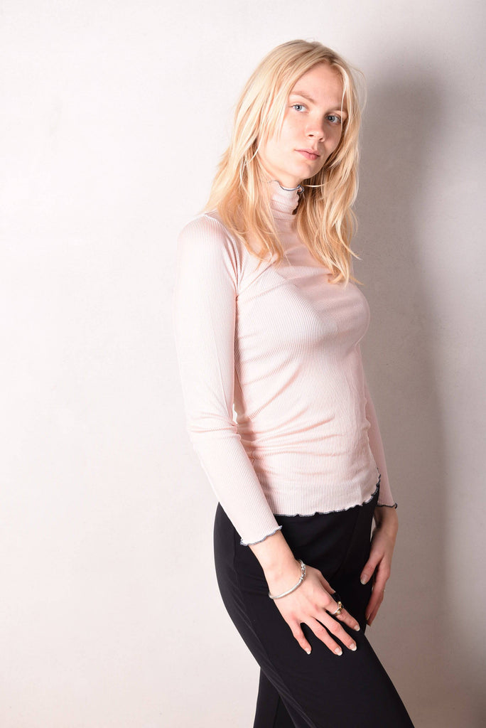 Rollie. Turtle neck top in 100% silk rib. Baby Pink - Tone Barker Silk