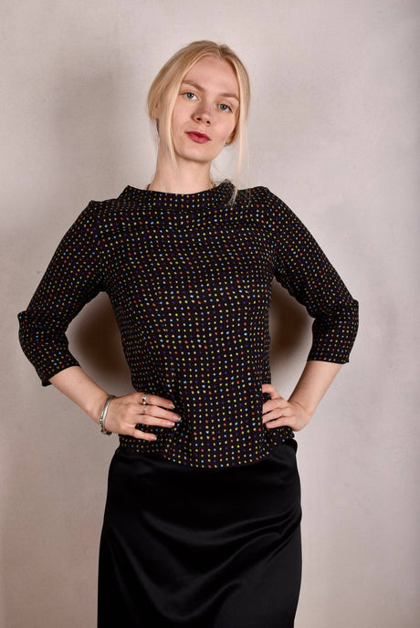 Audrey. Silk stretch top, classic style. Print: "Blears" - Tone Barker Silk
