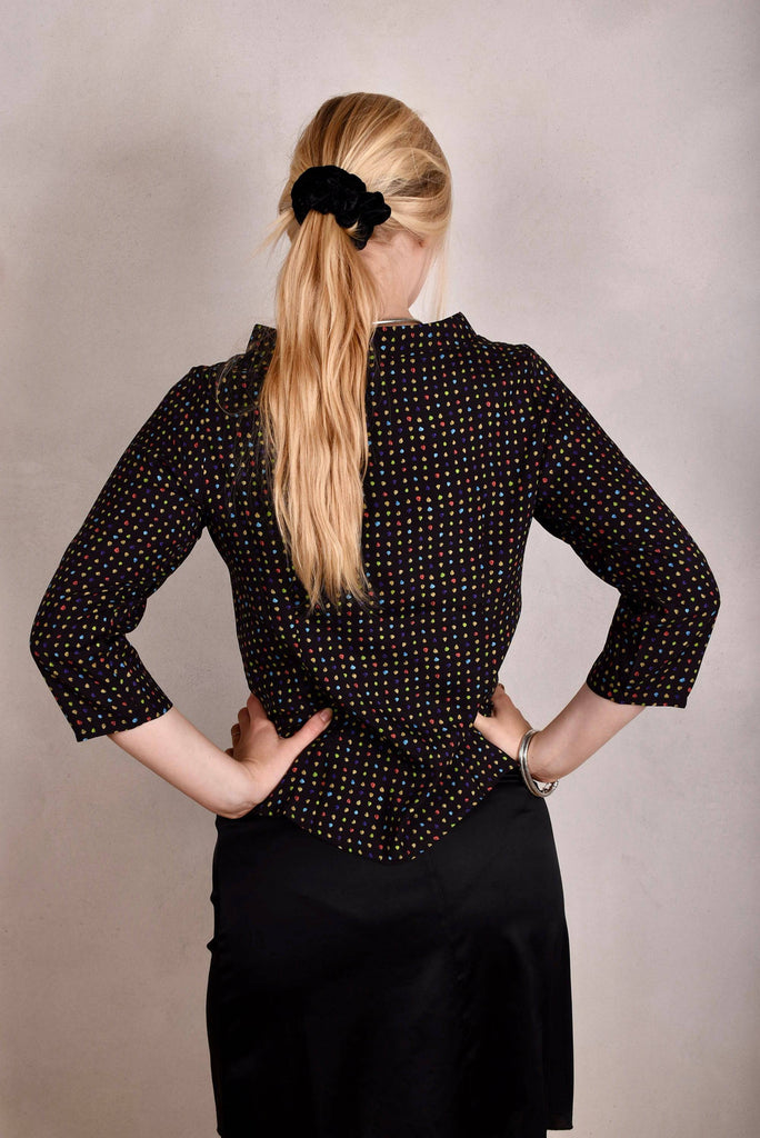 Audrey. Silk stretch top, classic style. Print: "Blears" - Tone Barker Silk