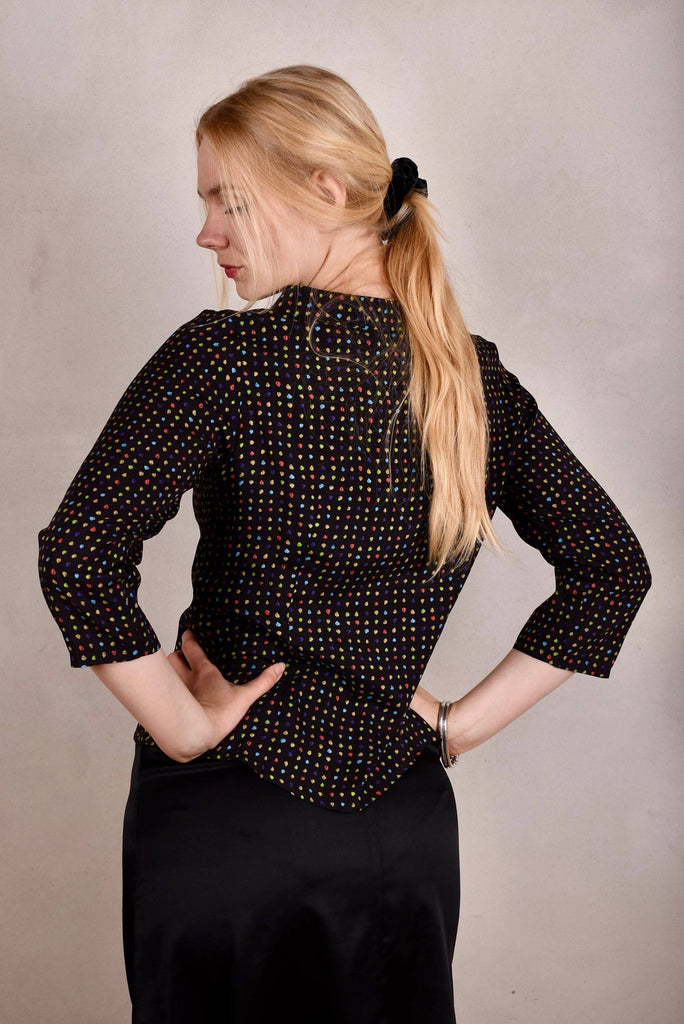 Audrey. Silk stretch top, classic style. Print: "Blears" - Tone Barker Silk