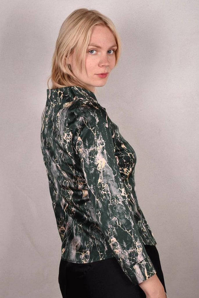 Ausome. Top in stretch silk crepe satin. Long sleeves and high boat-neck "Grable" - Tone Barker Silk