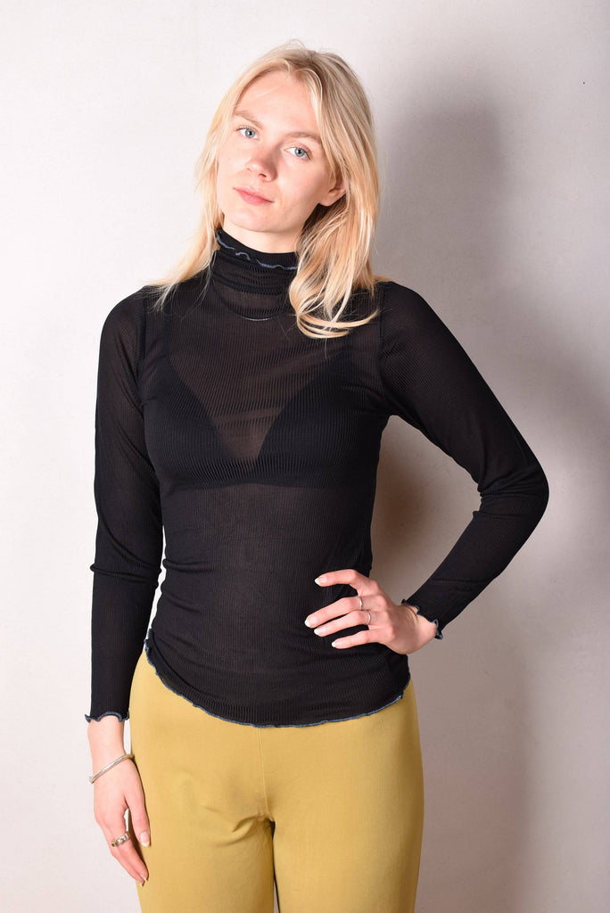 Rollie. Turtle neck top in 100% silk rib. Black - Tone Barker Silk