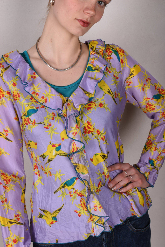 Palma- Habotai. Silk shirt w. long sleeves and frill front "Lilabird" - Tone Barker Silk