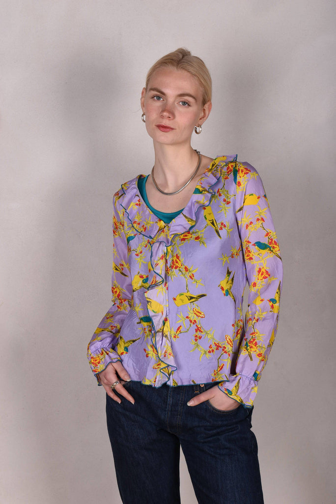 Palma- Habotai. Silk shirt w. long sleeves and frill front "Lilabird" - Tone Barker Silk
