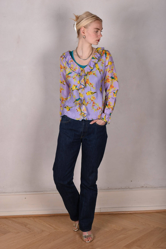 Palma- Habotai. Silk shirt w. long sleeves and frill front "Lilabird" - Tone Barker Silk