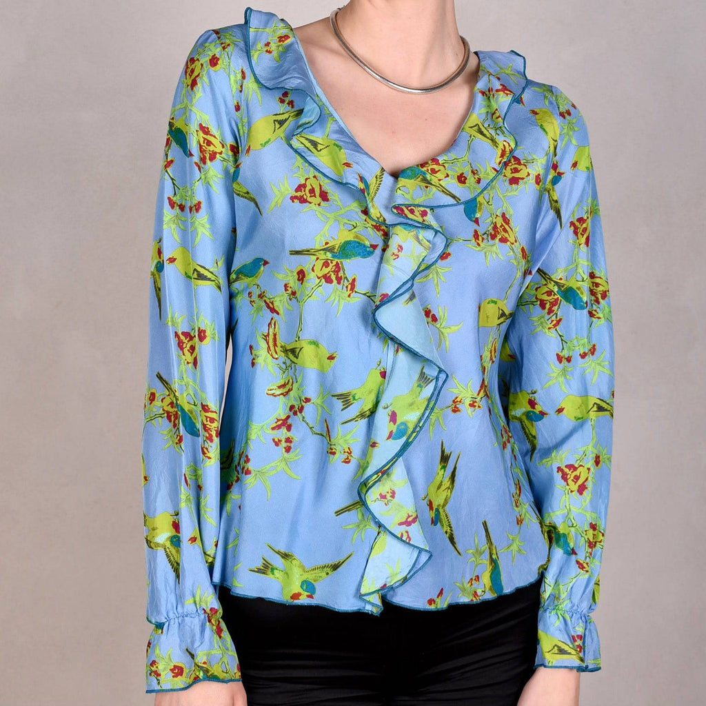 Palma- Habotai. Silk shirt w. long sleeves and frill front "Lilabird, blue" - Tone Barker Silk