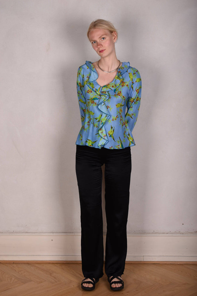 Palma- Habotai. Silk shirt w. long sleeves and frill front "Lilabird, blue" - Tone Barker Silk