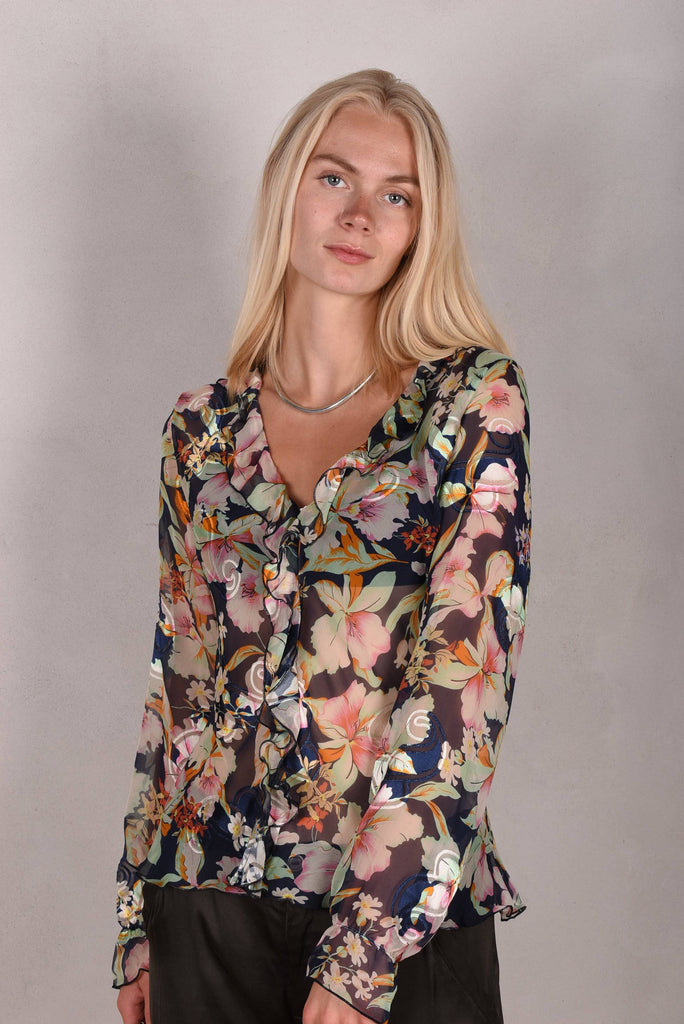 Palma - Silk, devore´ shirt with frill. Print "Ink-bloom" - Tone Barker Silk