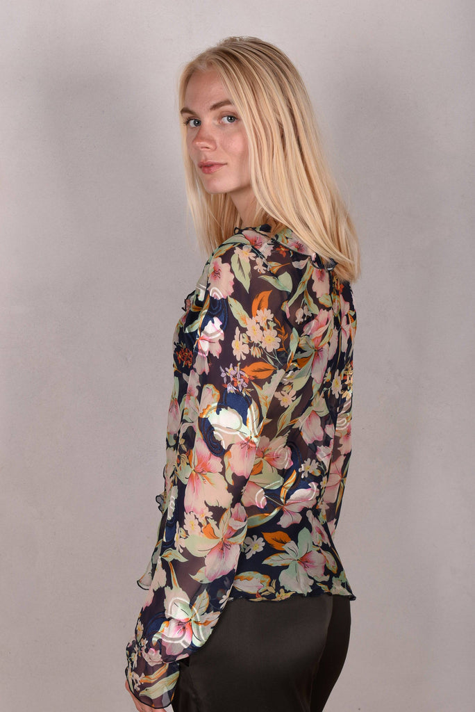 Palma - Silk, devore´ shirt with frill. Print "Ink-bloom" - Tone Barker Silk