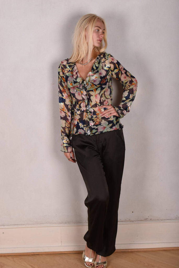 Palma - Silk, devore´ shirt with frill. Print "Ink-bloom" - Tone Barker Silk