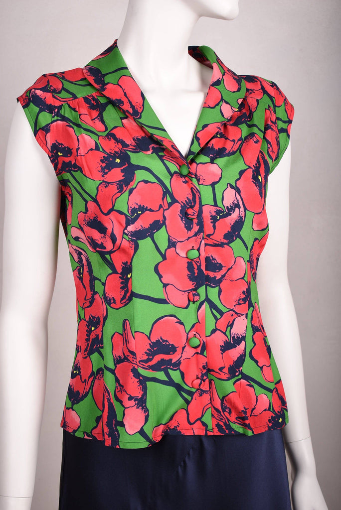 Sif. Short sleeve stretch silk blouse "Grass Poppy" - Tone Barker Silk