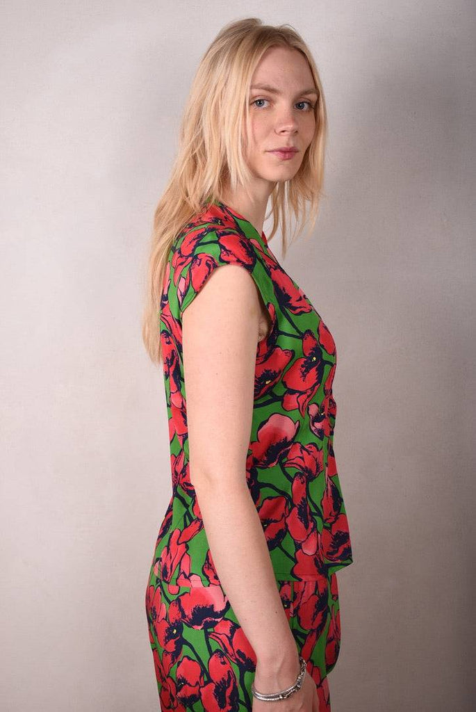 Sif. Short sleeve stretch silk blouse "Grass Poppy" - Tone Barker Silk