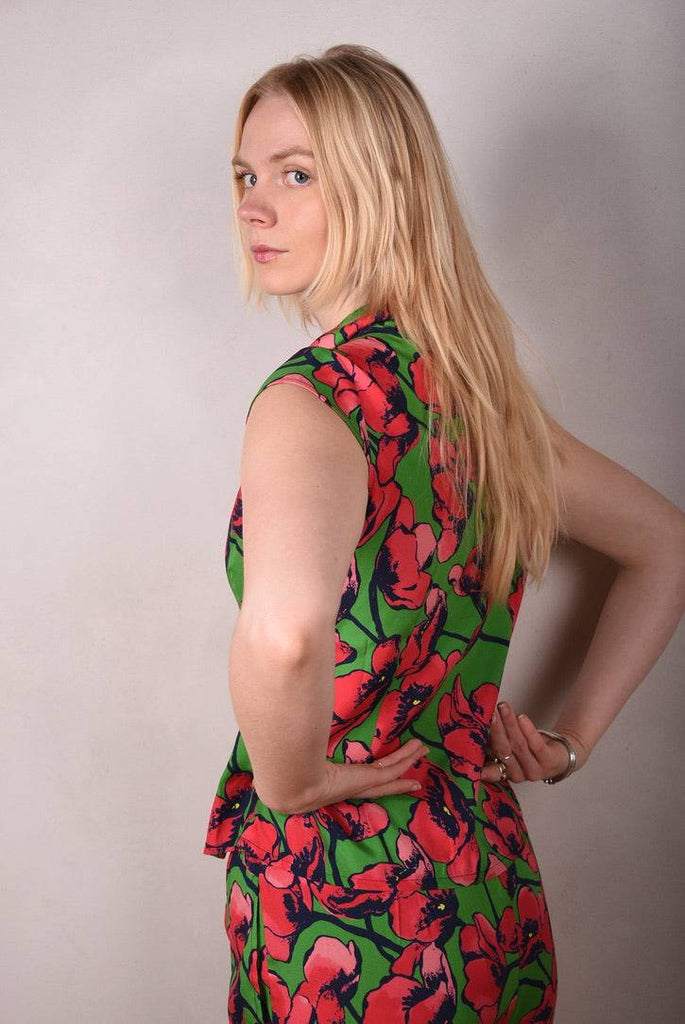 Sif. Short sleeve stretch silk blouse "Grass Poppy" - Tone Barker Silk