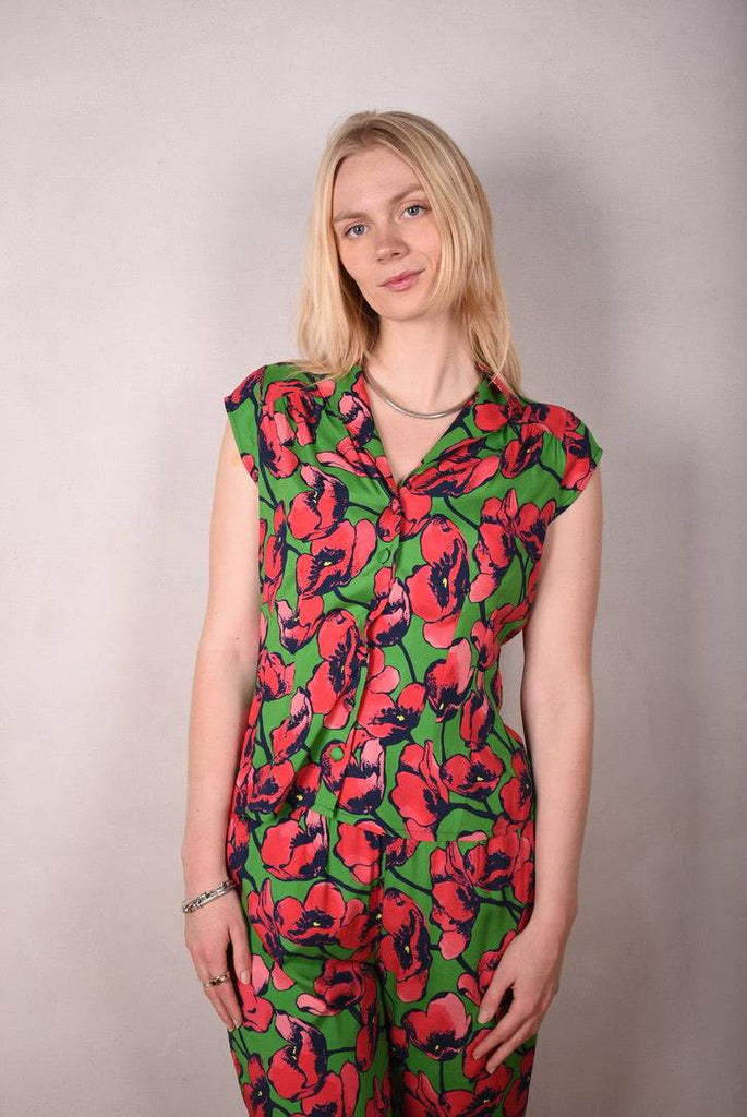 Sif. Short sleeve stretch silk blouse "Grass Poppy" - Tone Barker Silk