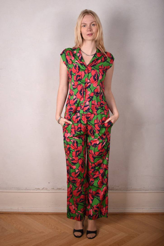 Sif. Short sleeve stretch silk blouse "Grass Poppy" - Tone Barker Silk