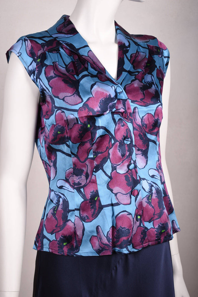 Sif. Short sleeve stretch silk blouse "Shady Poppy" - Tone Barker Silk
