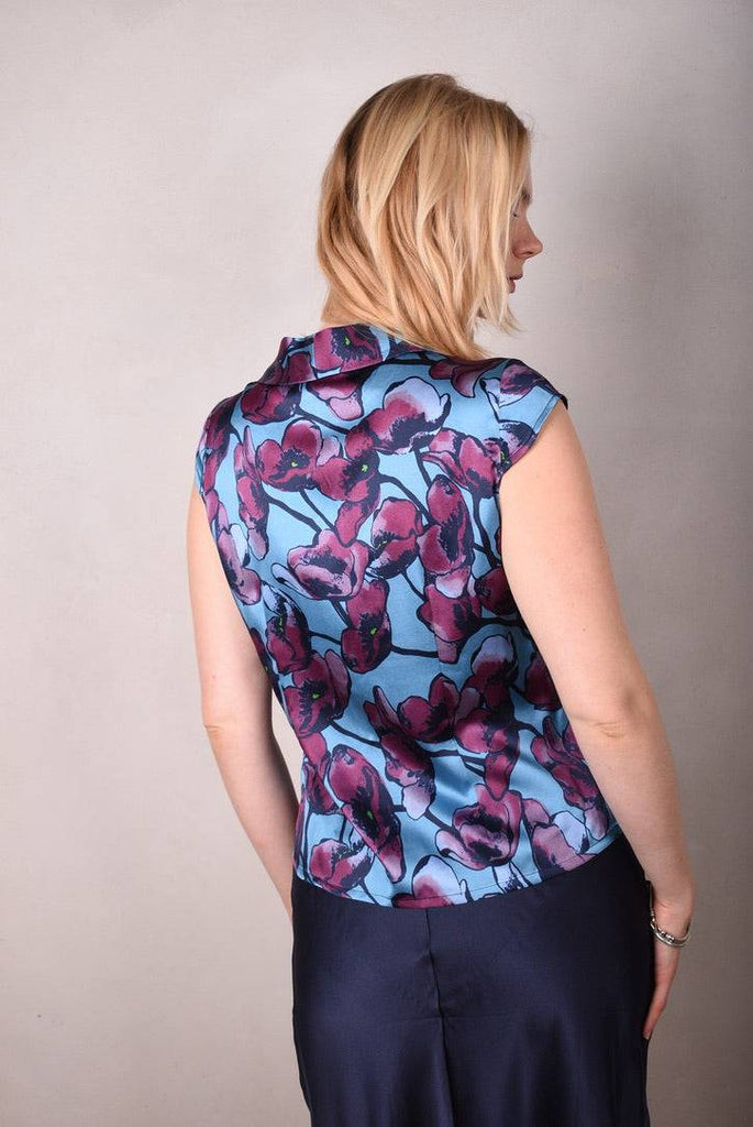 Sif. Short sleeve stretch silk blouse "Shady Poppy" - Tone Barker Silk