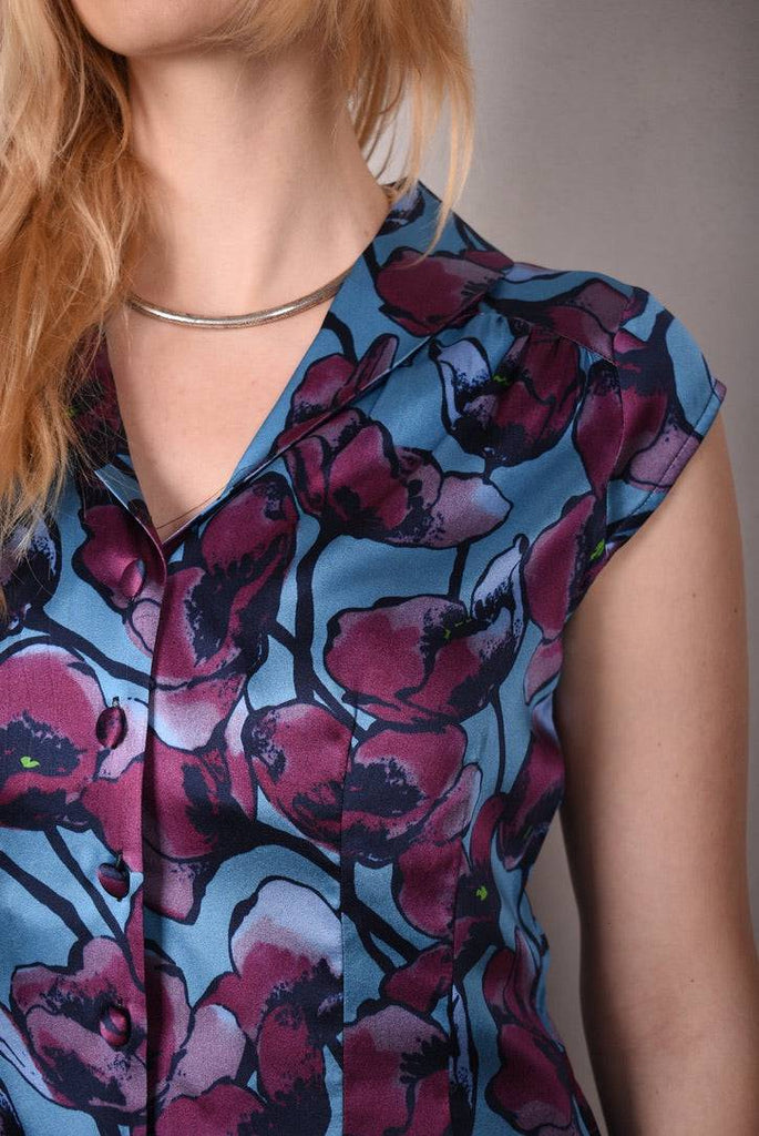 Sif. Short sleeve stretch silk blouse "Shady Poppy" - Tone Barker Silk