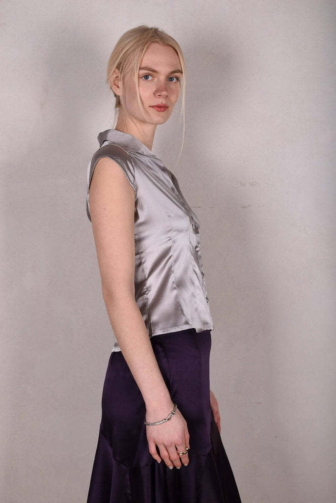 Sif. Short sleeve stretch silk blouse "Silver" - Tone Barker Silk