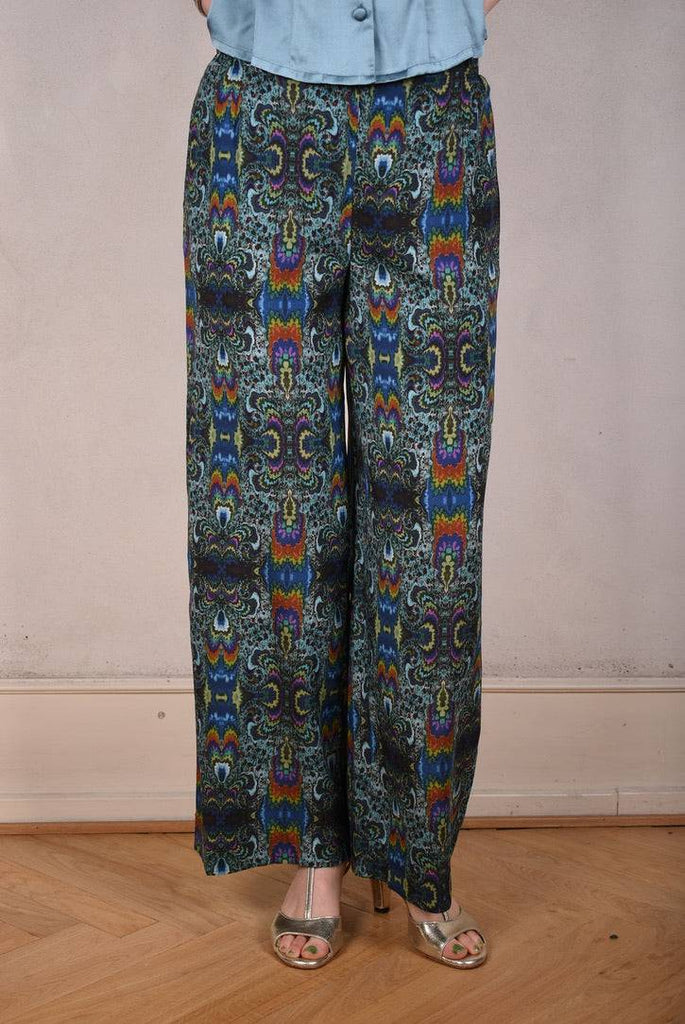 Norah, Wide legged  trousers in Stretch satin Silk. "Fraktalia" - Tone Barker Silk