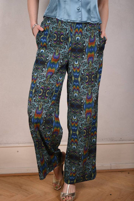 Norah, Wide legged  trousers in Stretch satin Silk. "Fraktalia" - Tone Barker Silk