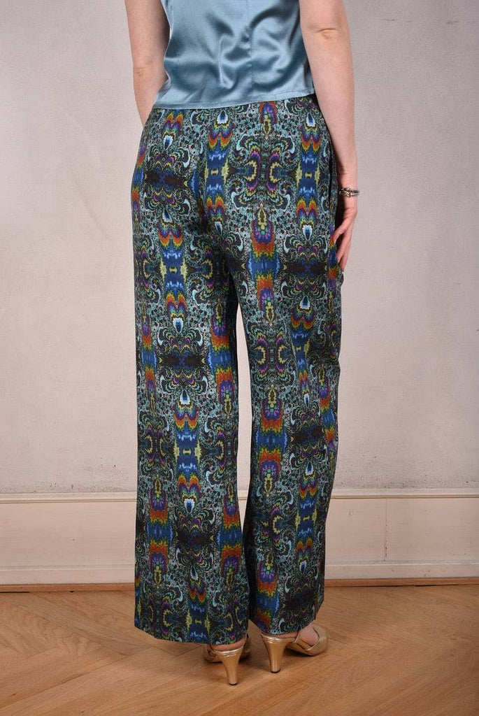 Norah, Wide legged  trousers in Stretch satin Silk. "Fraktalia" - Tone Barker Silk