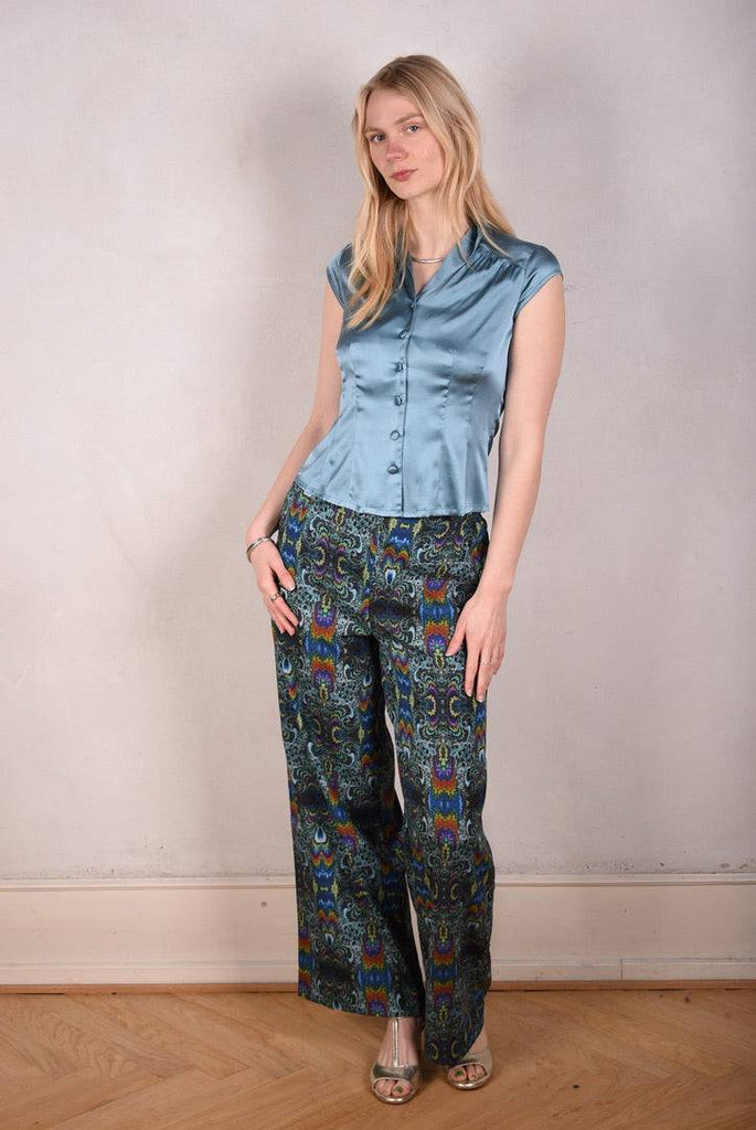 Norah, Wide legged  trousers in Stretch satin Silk. "Fraktalia" - Tone Barker Silk