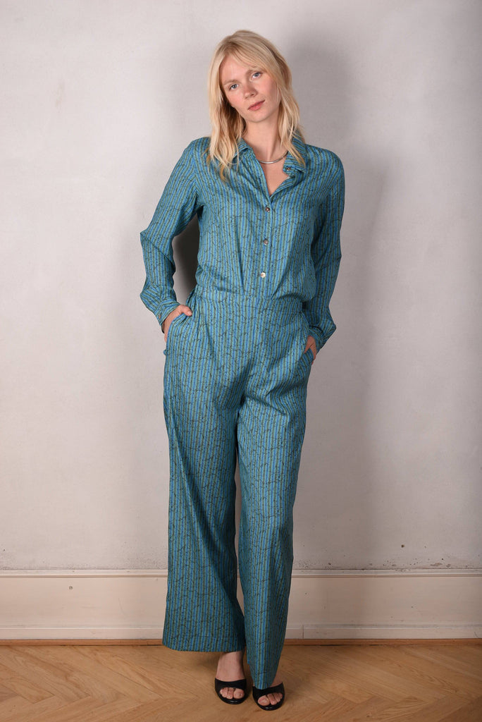 Norah, Wide legged  trousers in Stretch satin Silk. "Green-stripe" - Tone Barker Silk