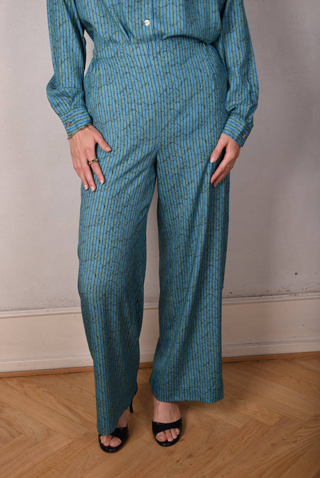 Norah, Wide legged  trousers in Stretch satin Silk. "Green-stripe" - Tone Barker Silk