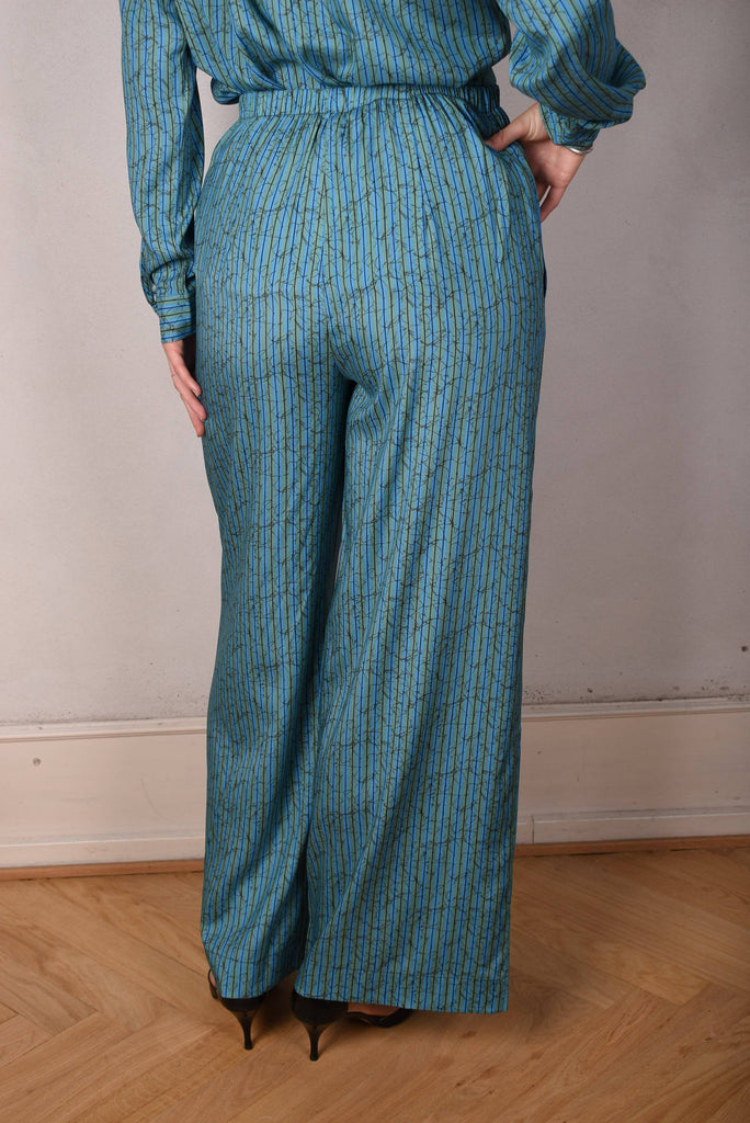 Norah, Wide legged  trousers in Stretch satin Silk. "Green-stripe" - Tone Barker Silk