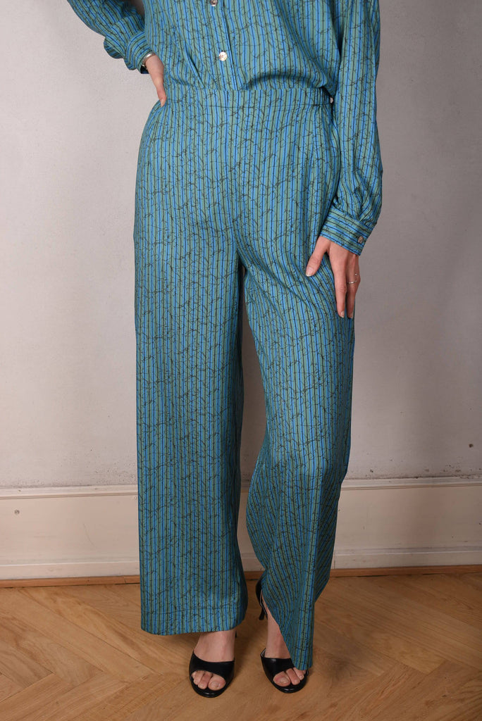 Norah, Wide legged  trousers in Stretch satin Silk. "Green-stripe" - Tone Barker Silk