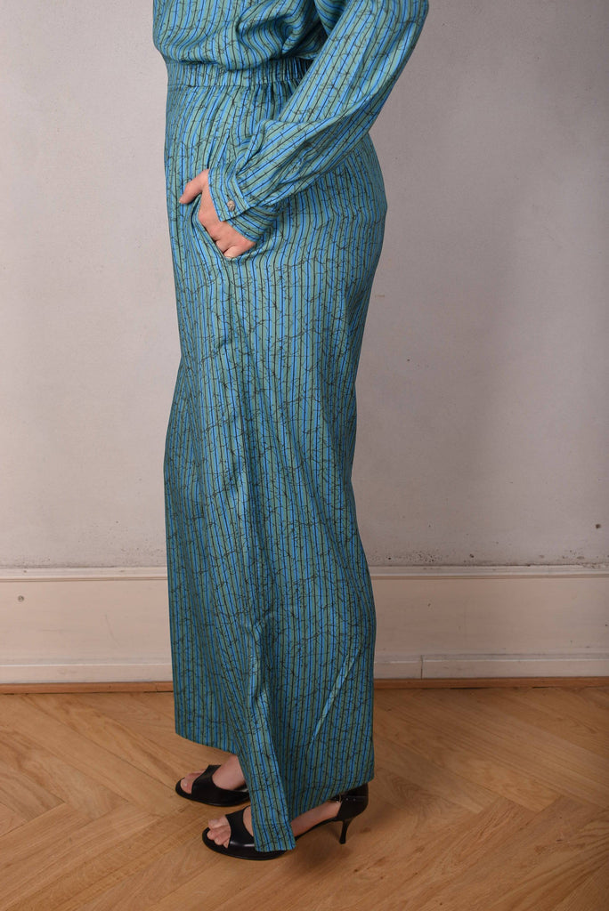 Norah, Wide legged  trousers in Stretch satin Silk. "Green-stripe" - Tone Barker Silk