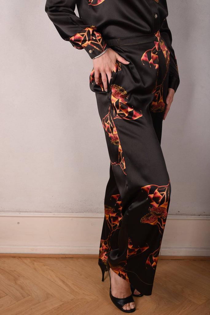 Norah, Wide legged  trousers in Stretch satin Silk. "Gumnut" - Tone Barker Silk