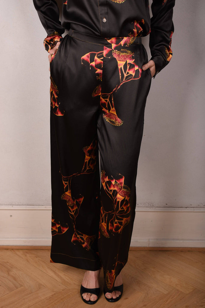 Norah, Wide legged  trousers in Stretch satin Silk. "Gumnut" - Tone Barker Silk