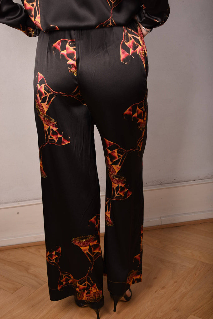 Norah, Wide legged  trousers in Stretch satin Silk. "Gumnut" - Tone Barker Silk