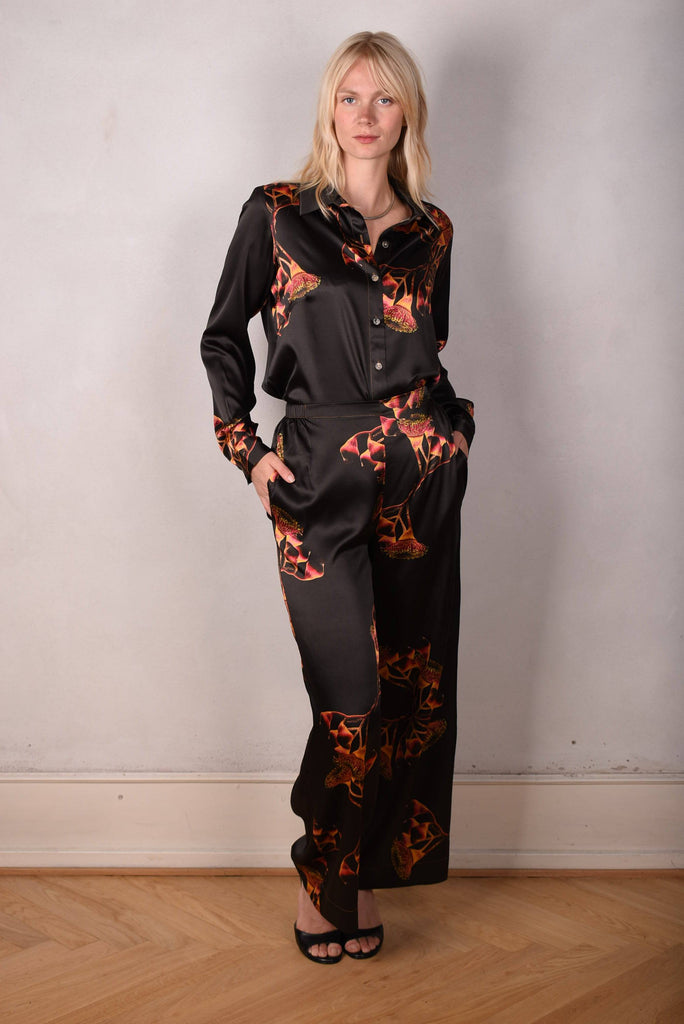 Norah, Wide legged  trousers in Stretch satin Silk. "Gumnut" - Tone Barker Silk