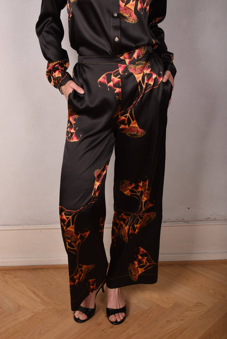 Norah, Wide legged  trousers in Stretch satin Silk. "Gumnut" - Tone Barker Silk