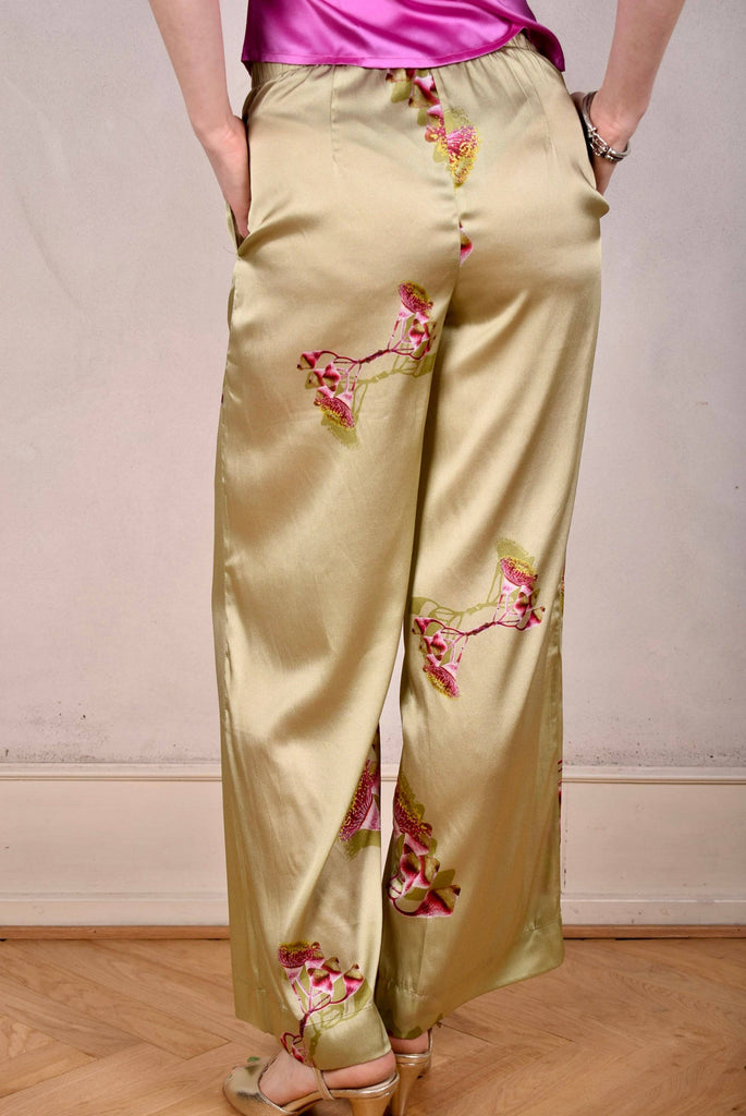 Norah, Wide legged  trousers in Stretch satin Silk. "Khanut" - Tone Barker Silk